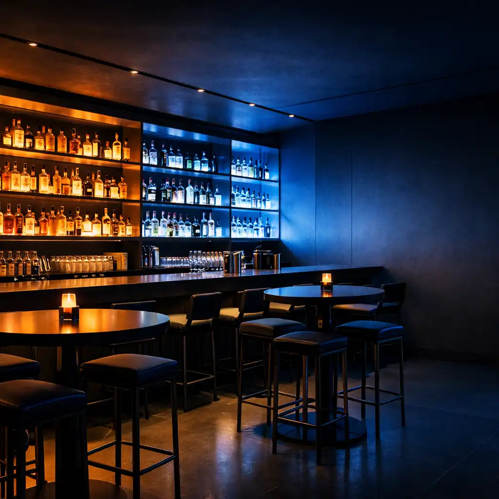 Bar and lounge with backlit spirits display and high-top tables under amber and blue lighting