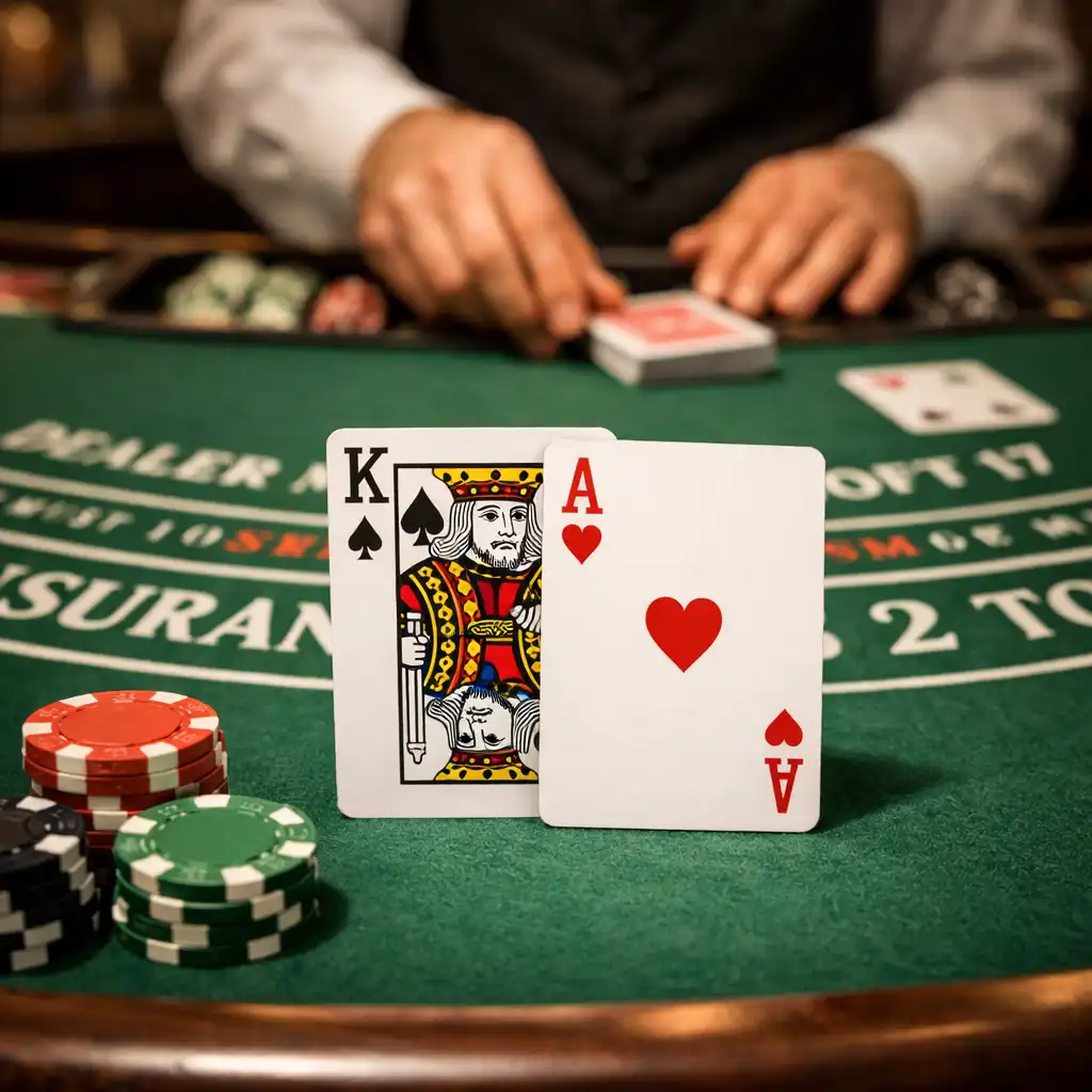 Blackjack table from a player's perspective showing a king and ace hand with chips