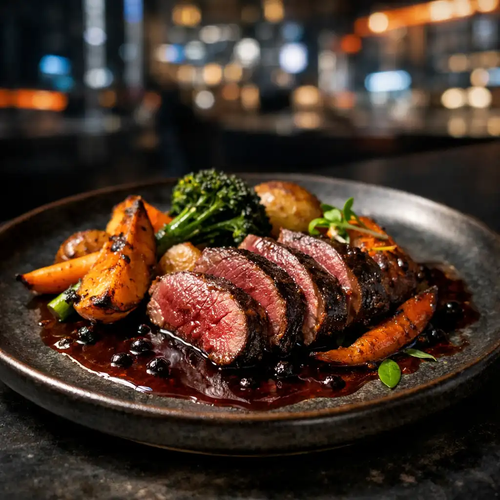 Seared kangaroo loin plated on a dark ceramic plate with native pepperberry jus and roasted vegetables