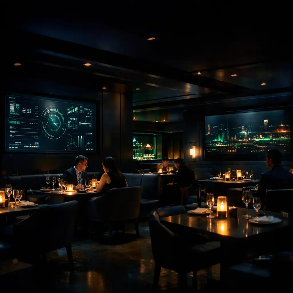 Moody high-end restaurant interior at night with dark surfaces and subtle green accent lighting