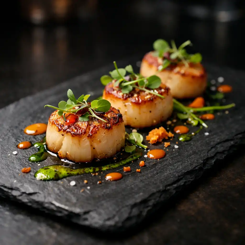 Elegantly plated seared scallops with microgreens on a dark slate plate