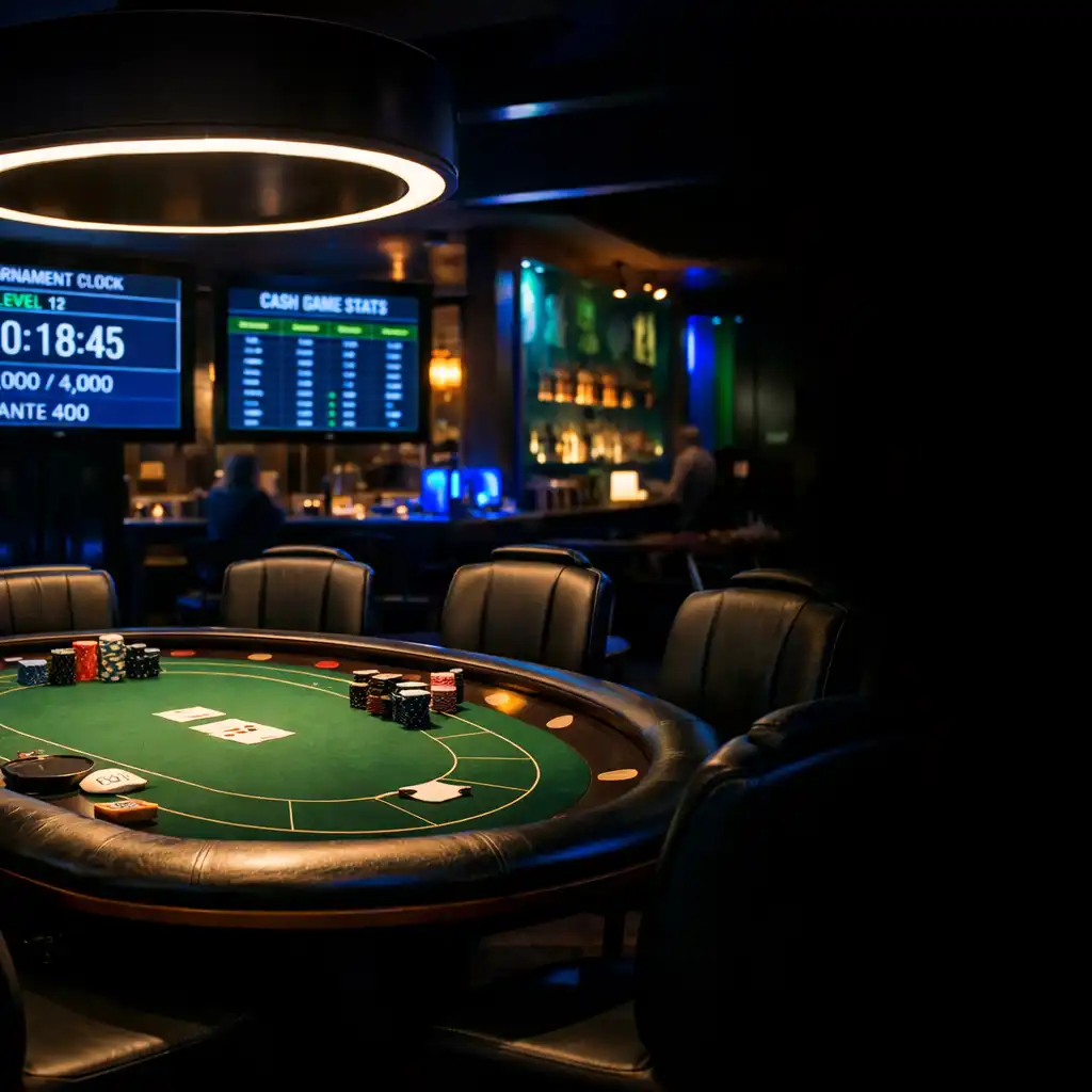 Evening entertainment zone with a professional poker table, overhead lighting, and ambient blue and green glow
