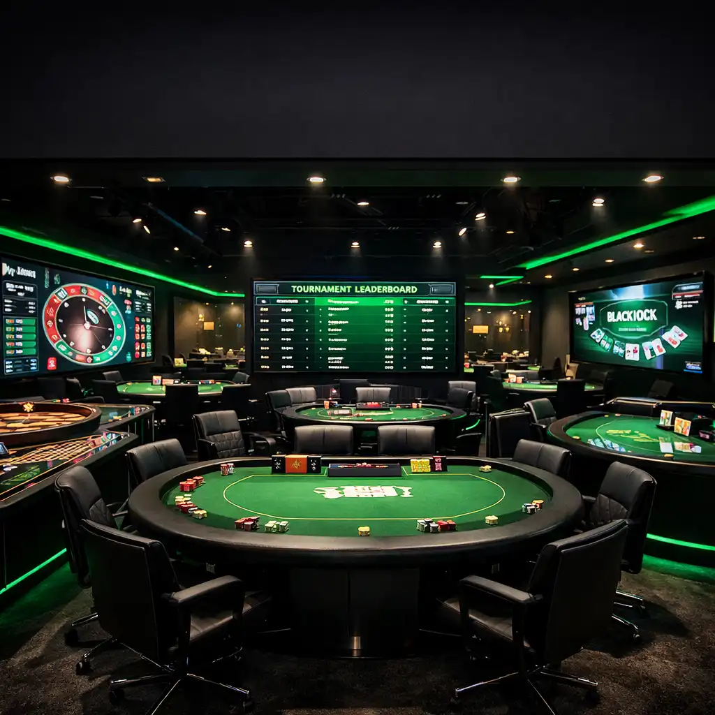Wide view of a high-tech gaming lounge with poker, roulette, and blackjack tables and digital leaderboards