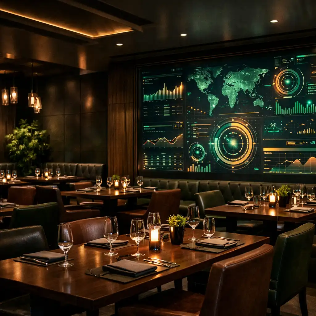 Main dining room with dark wood tables, leather seating, and a glowing data visualization wall