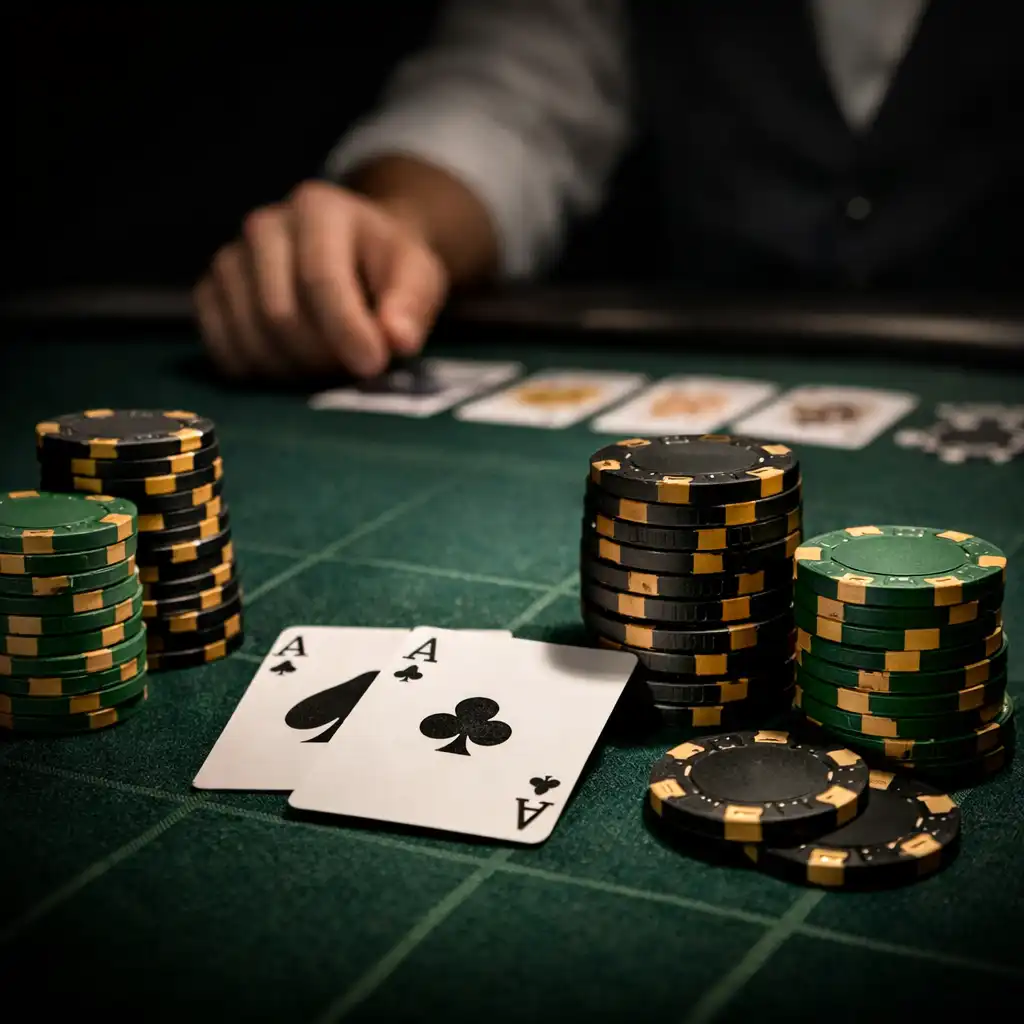 Close-up of a poker table with stacks of chips and playing cards under dramatic lighting