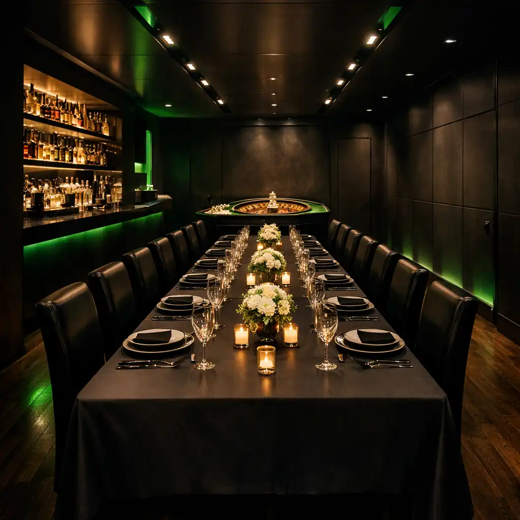 Private dining room with a long table set for guests and a roulette table at one end