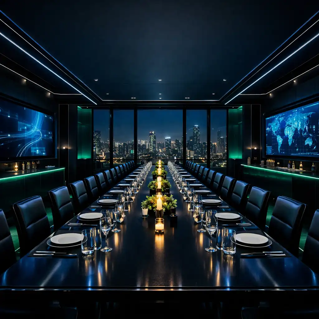 The Vista Room private dining space with a long table set for 40 guests, ambient blue and green lighting, and floor-to-ceiling windows