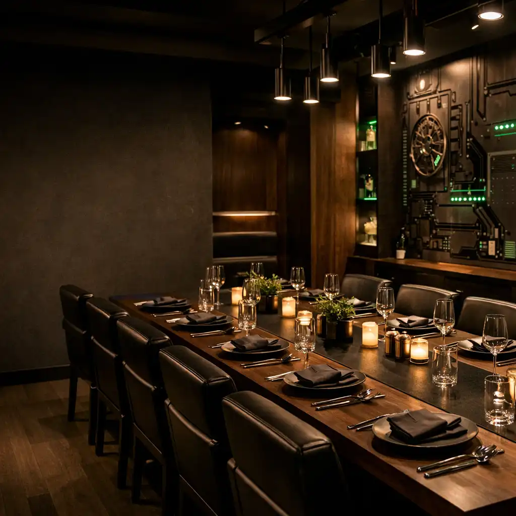 Private dining room with a custom table set for twelve guests and adjustable accent lighting