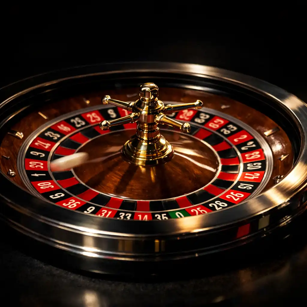 European roulette wheel in motion with a blurred ball on a dark table