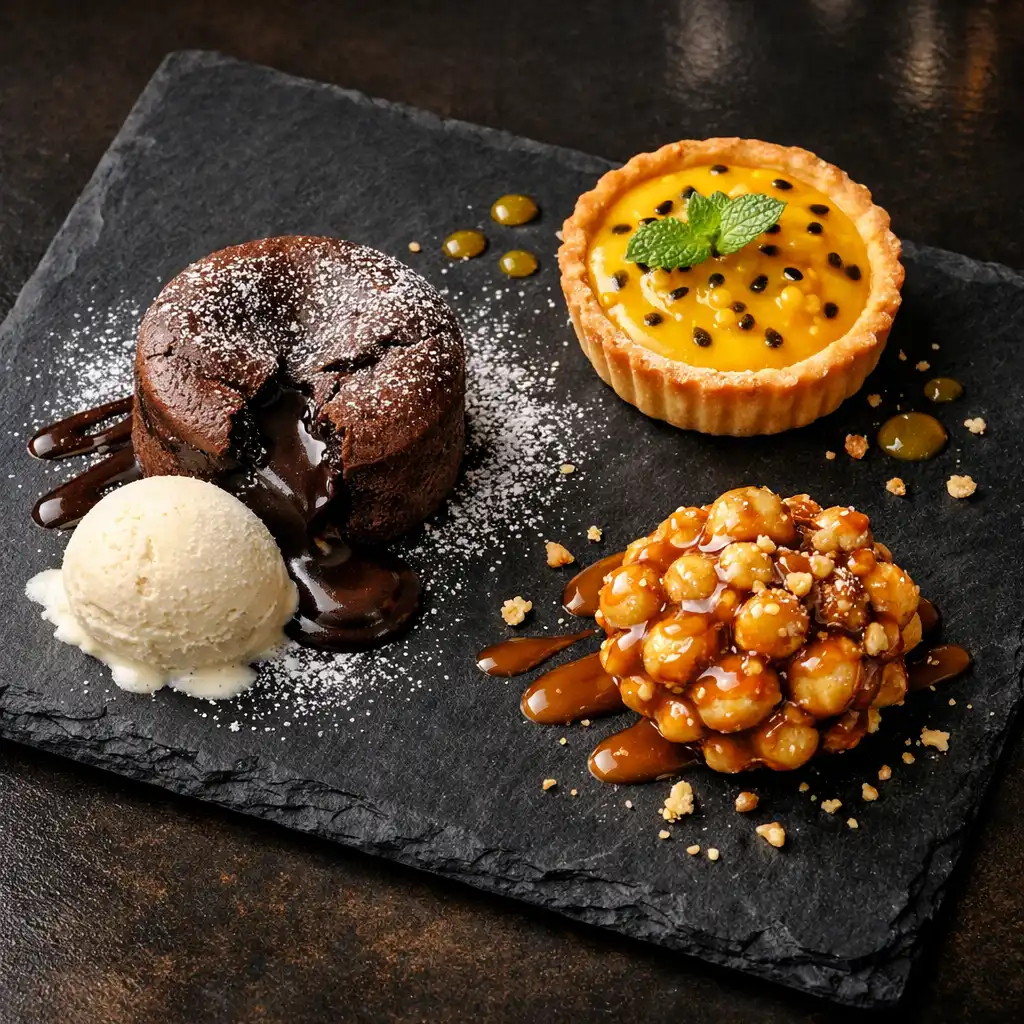 Dessert platter with dark chocolate fondant, passionfruit tart, and macadamia praline on a dark slate board