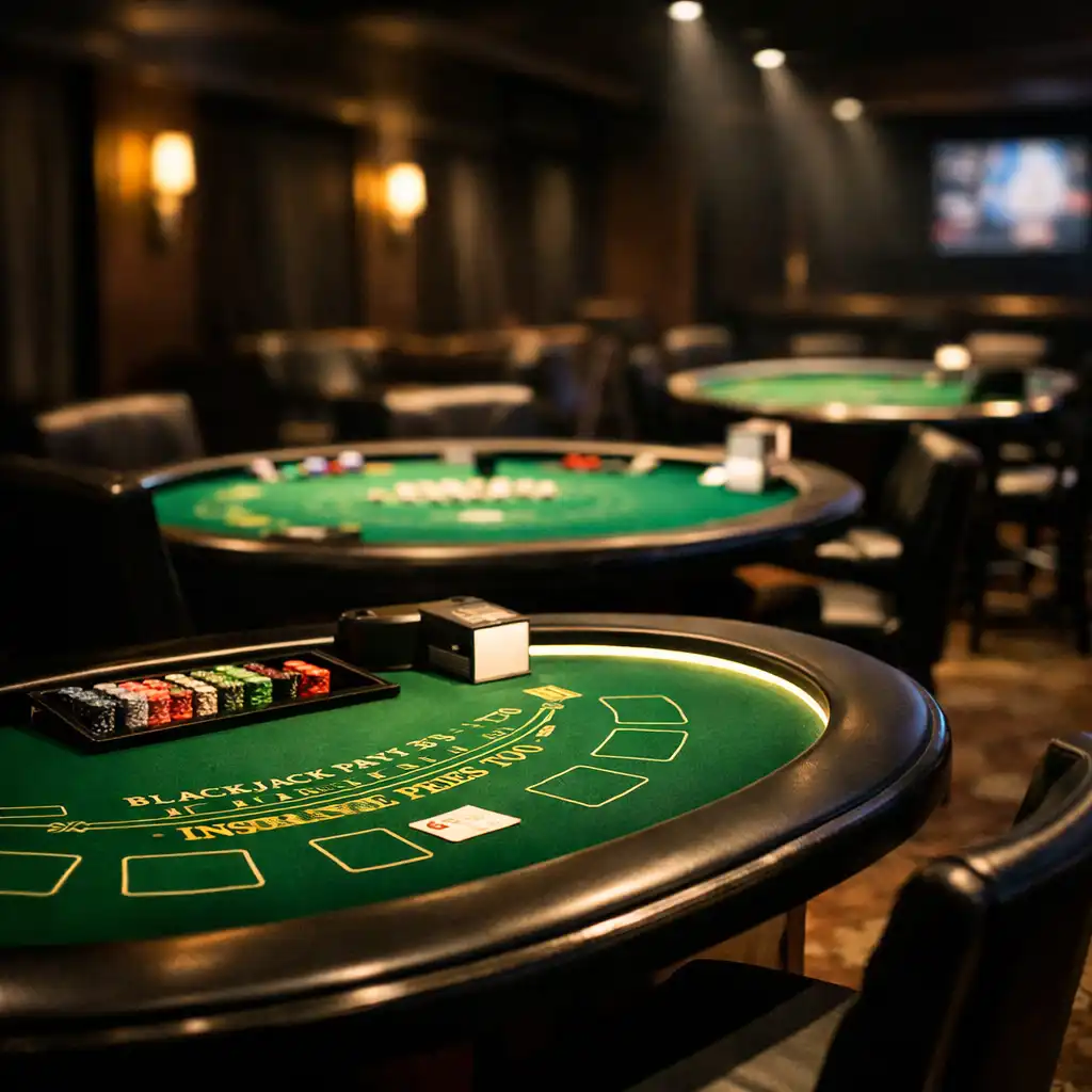 Table lounge with custom-built poker and blackjack tables under focused spotlights